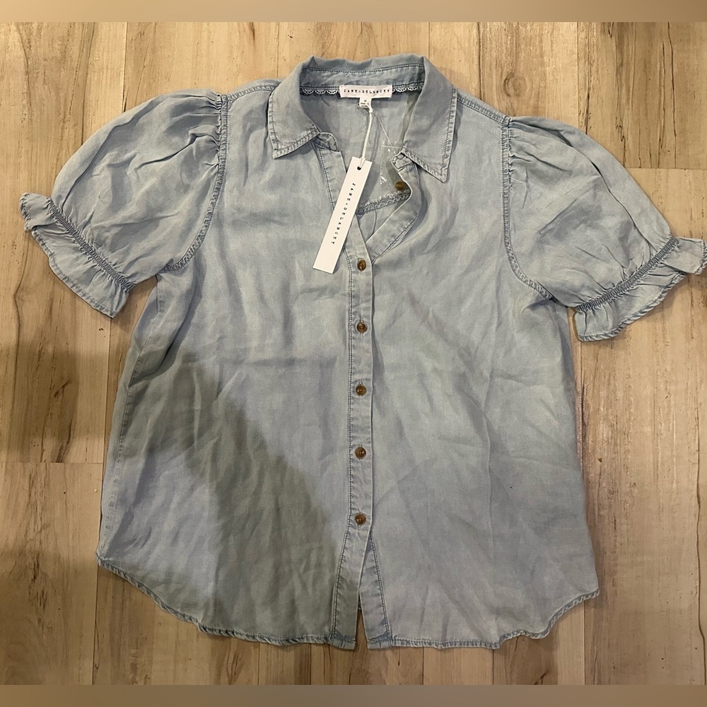 BOHO Jane and Delancey Light Blue Puff Sleeve Denim Look Button-Up Blouse